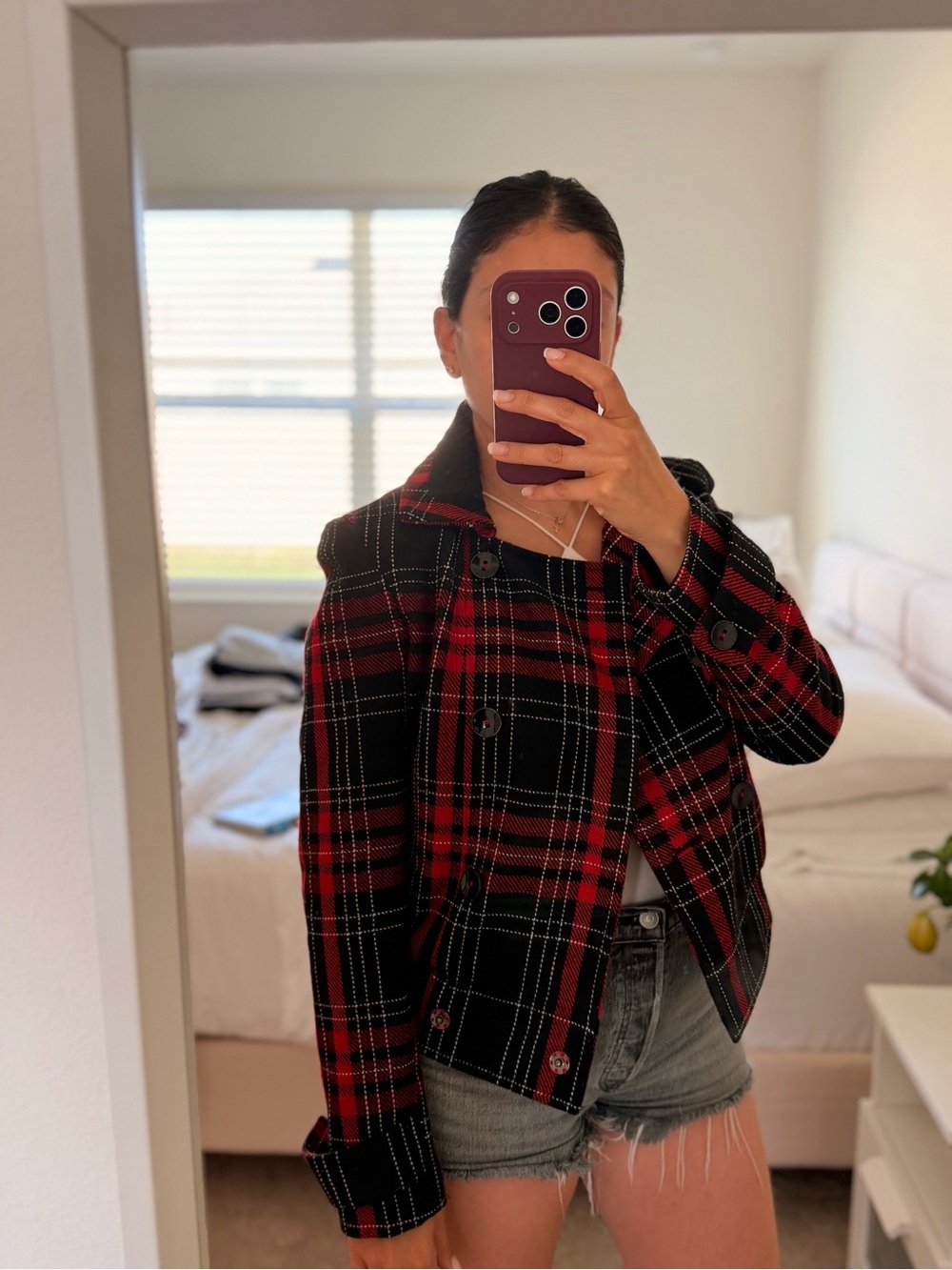 Express Red & Black Plaid Double-Breasted Blazer Jacket